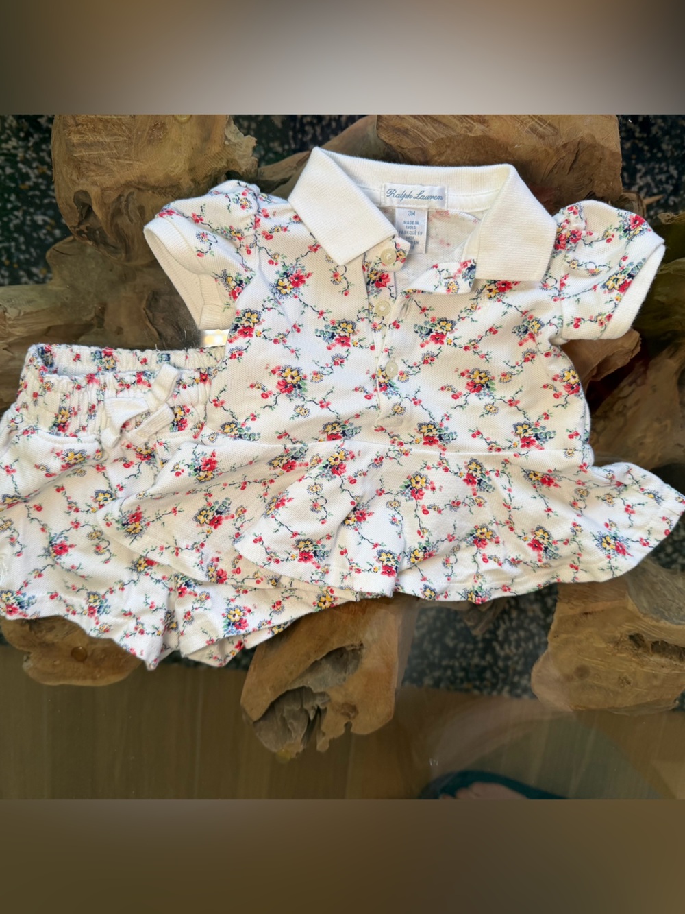 Ralph Lauren Girls' White Floral Polo Dress Set with Pink & Yellow Blooms